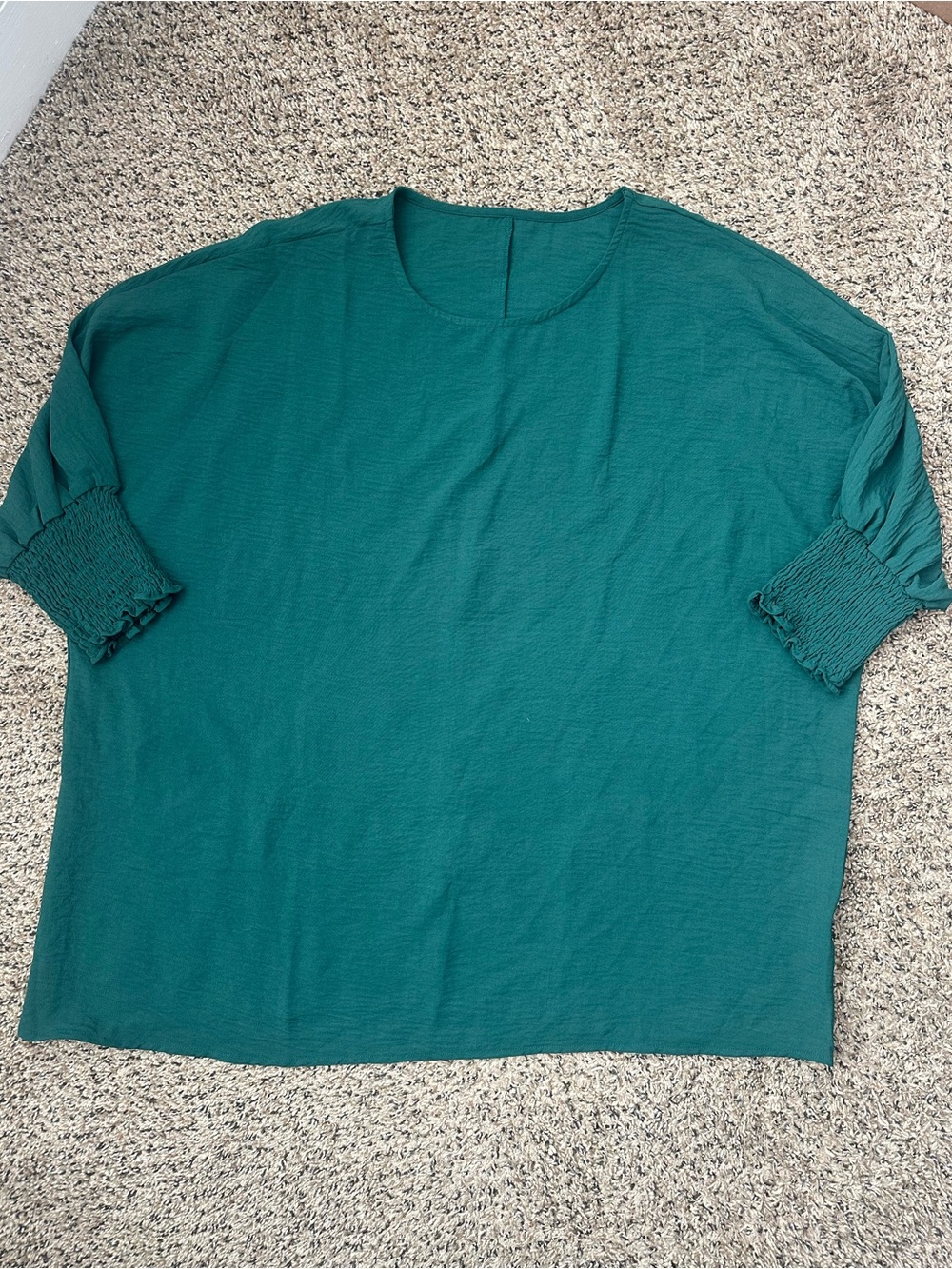 Dark Green 3/4 Sleeve Smocked Cuff Blouse